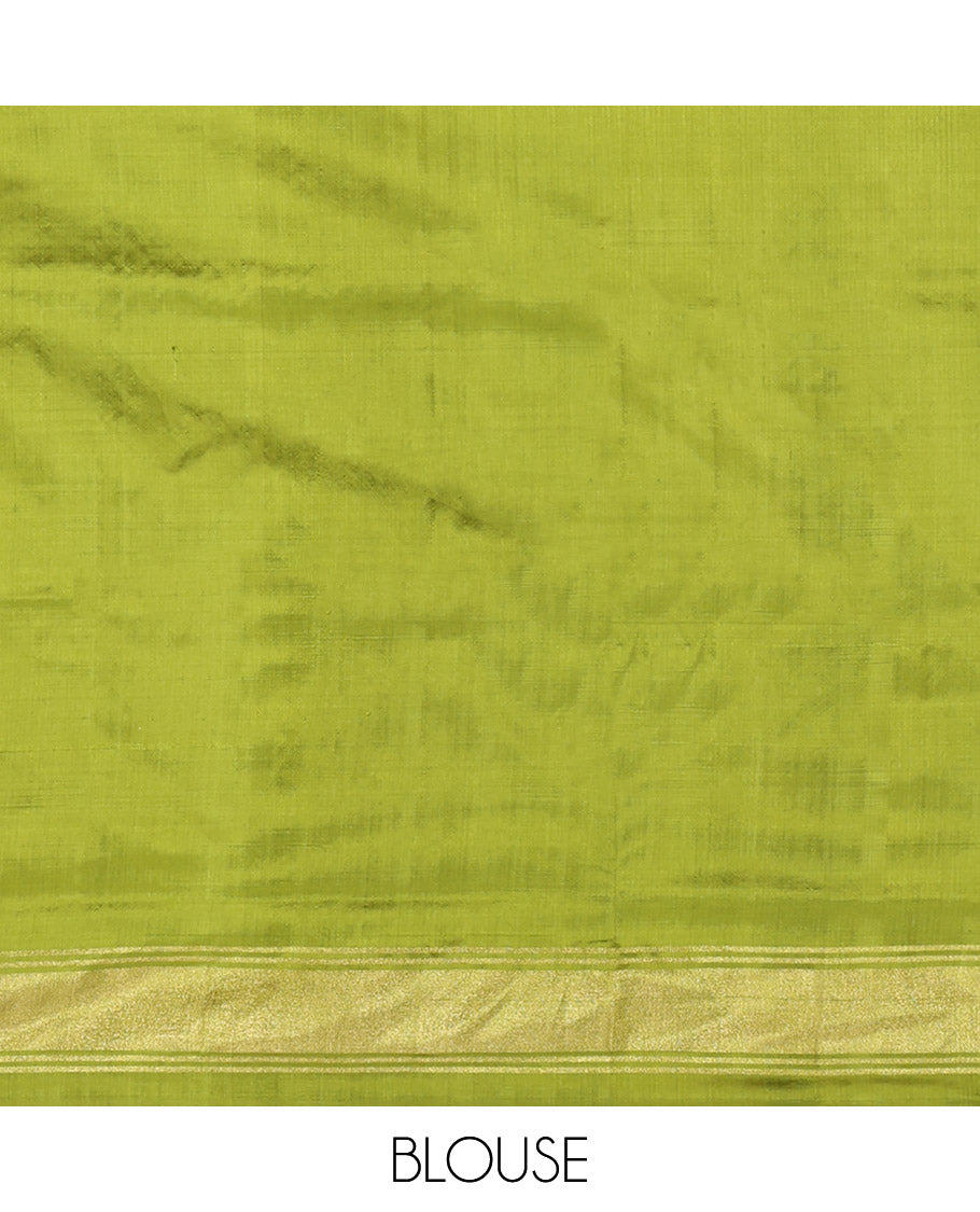 Green Pochampally Ikat Silk Saree, Elevated with Ikkat Buttas on Its Body, Complemented by a Ikkat-Style Woven Temple Border, Pallu of Ogee Patterns, and Paired with a Matching Blouse