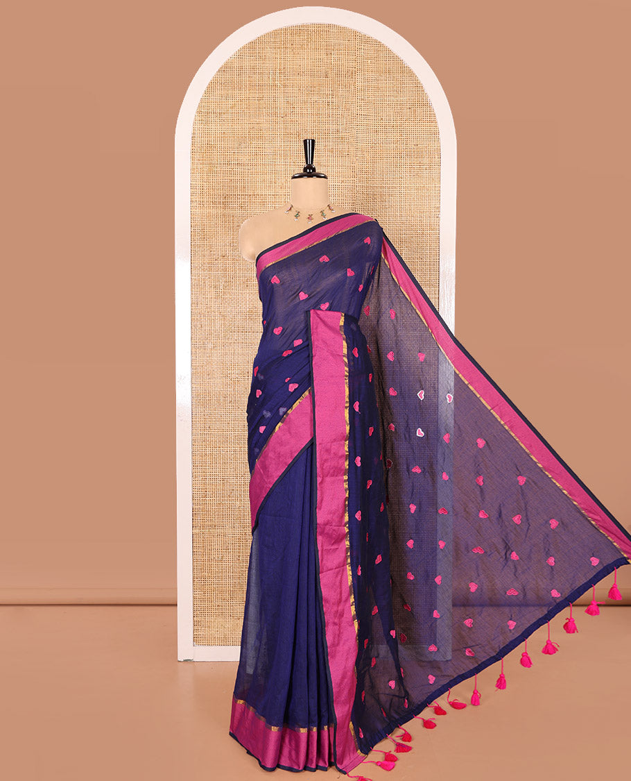 Navy Blue Khadi Mul Cotton Saree Prettified with Heart Motifs Embroidery All Over Its Body, Complemented by a Contrast Plain Border, Pallu Steeped with Heart Motifs Embroidery, and Paired with a Matching Blouse
