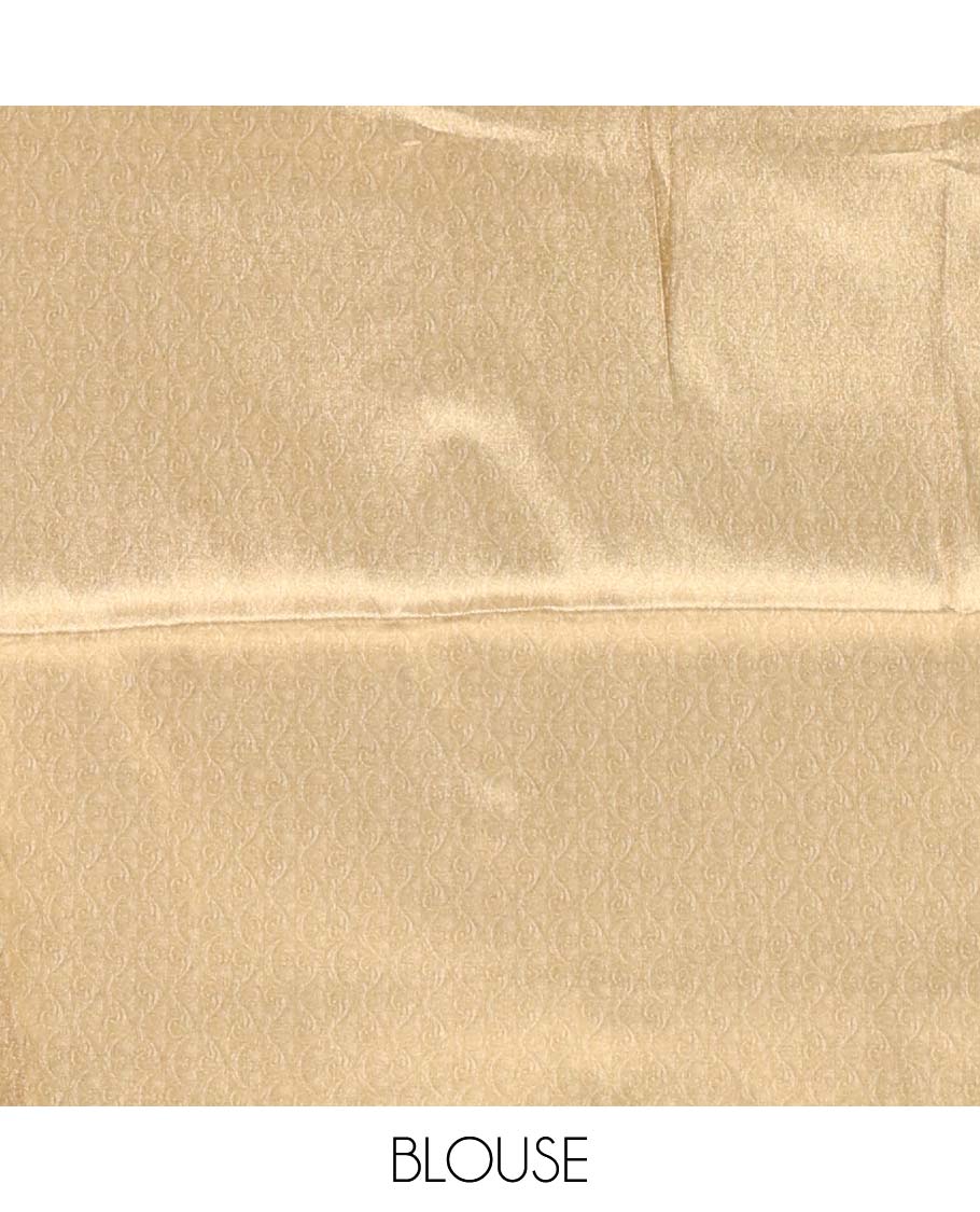 Gold Ayothya temple printed tissue satin saree, kantha work printed border, Ayothya temple printed pallu, and ogee patterned blouse