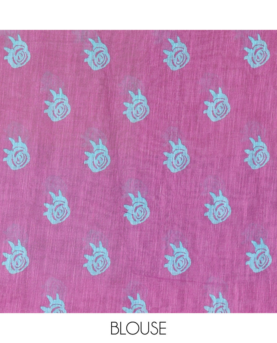 Borderless Rama Linen Cotton Saree, Detailed with Macro-Checked Design on Its Body, a Self-Pallu, and Paired with a Contrast-Printed Blouse