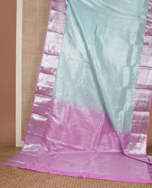 Powder blue floral vine jacquard budget silk saree, contrast traditional zari border, and zari rich pallu