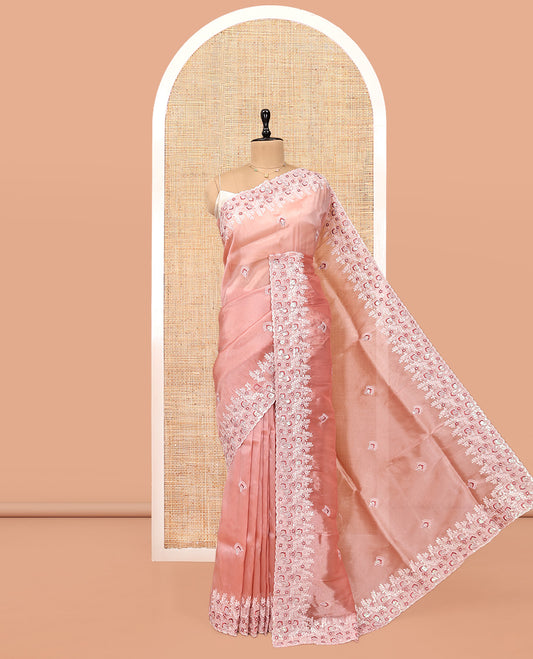 Pink Organza Saree, Spotlighted with Floral Thread Buttas, Scallop Floral Embroidery Border, and Matching Blouse