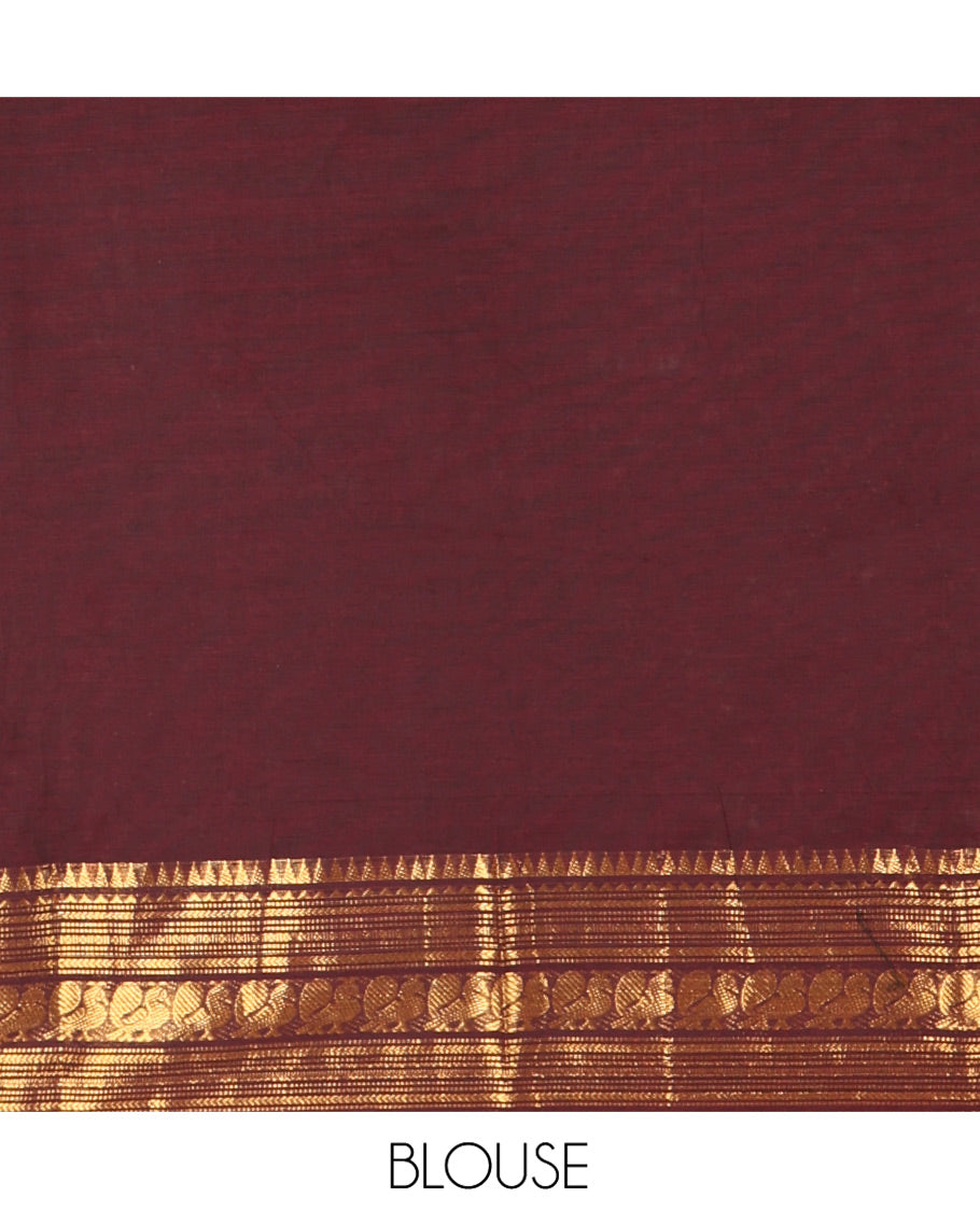 Coffee Brown Plain Chettinad Cotton Saree, Highlighted by a Temple Traditional Zari Border of Peacock Designs, Striped Pallu, and Paired with a Matching Blouse