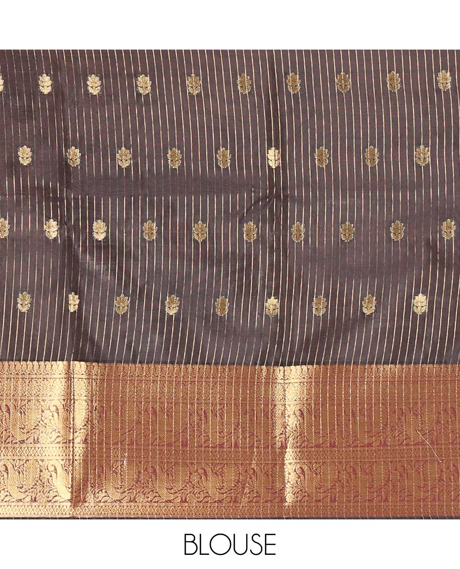 Pink and Black Banarasi Tissue Saree, Accentuated with Half-And-Half-Style Buttas Woven on Its Body, Complemented by Contrast Traditional Zari Design Big Border, Striped Pallu, and Paired with a Contrast Blouse