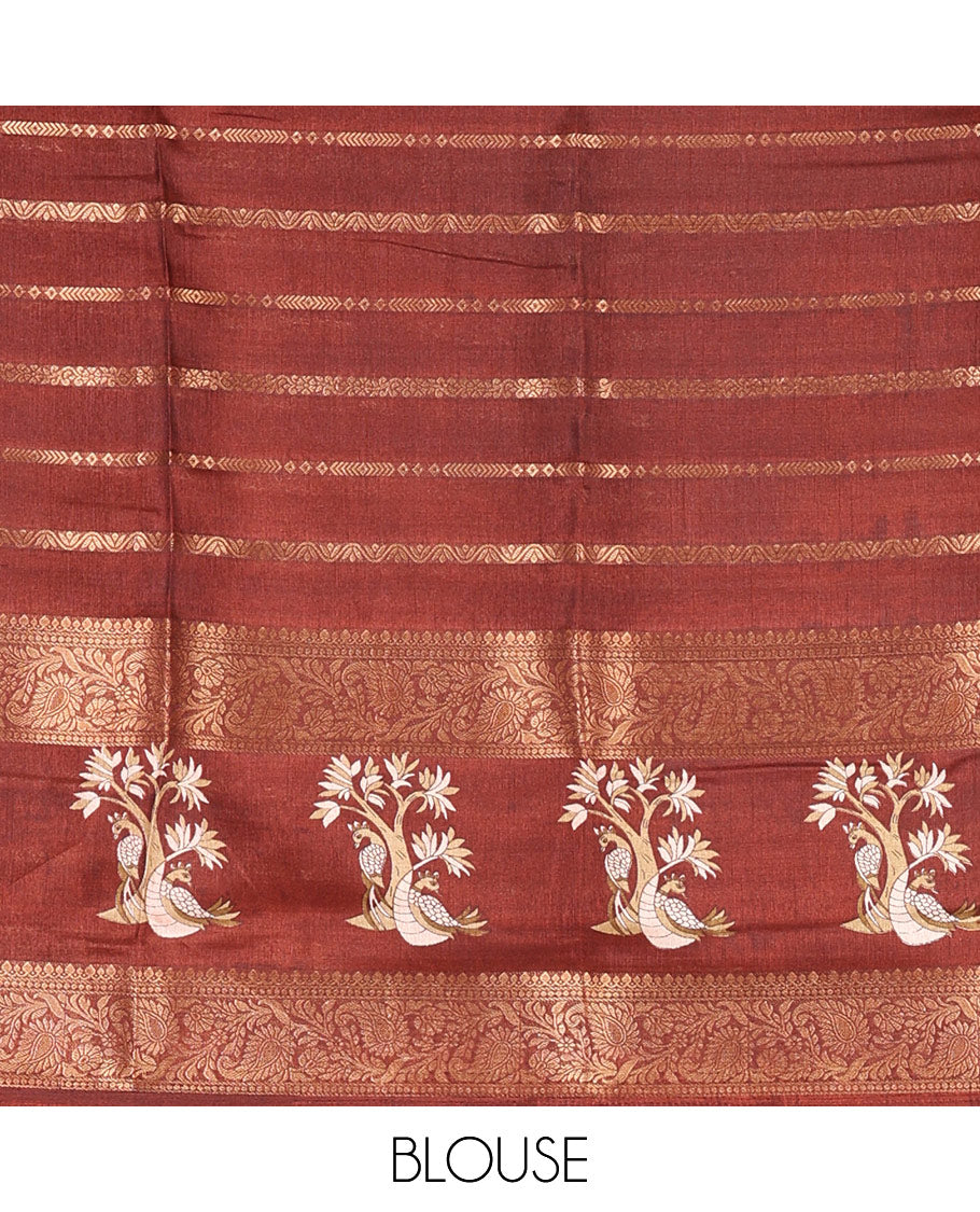 Rust orange bandhani dots, peacock buttas, and zari design dola silk saree, contrast traditional zari border of peacock motifs, and pallu of peacock print, and contrast blouse