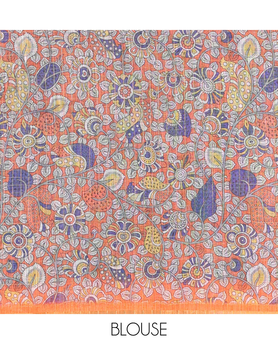 Black and Orange Linen Cotton Saree, Adorned with Floral Motifs and Checked Design on Its Body, Complemented by a Contrast Border, Pallu of Kalamkari Floral and Peacock Design, and Paired with a Contrast Blouse