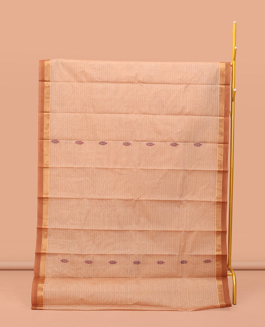 Sandal Kanchi Cotton Saree Showcasing Buttas and Stripes on Its Body, Contrast Border, Ogee-Patterned Pallu, and a Matching Blouse