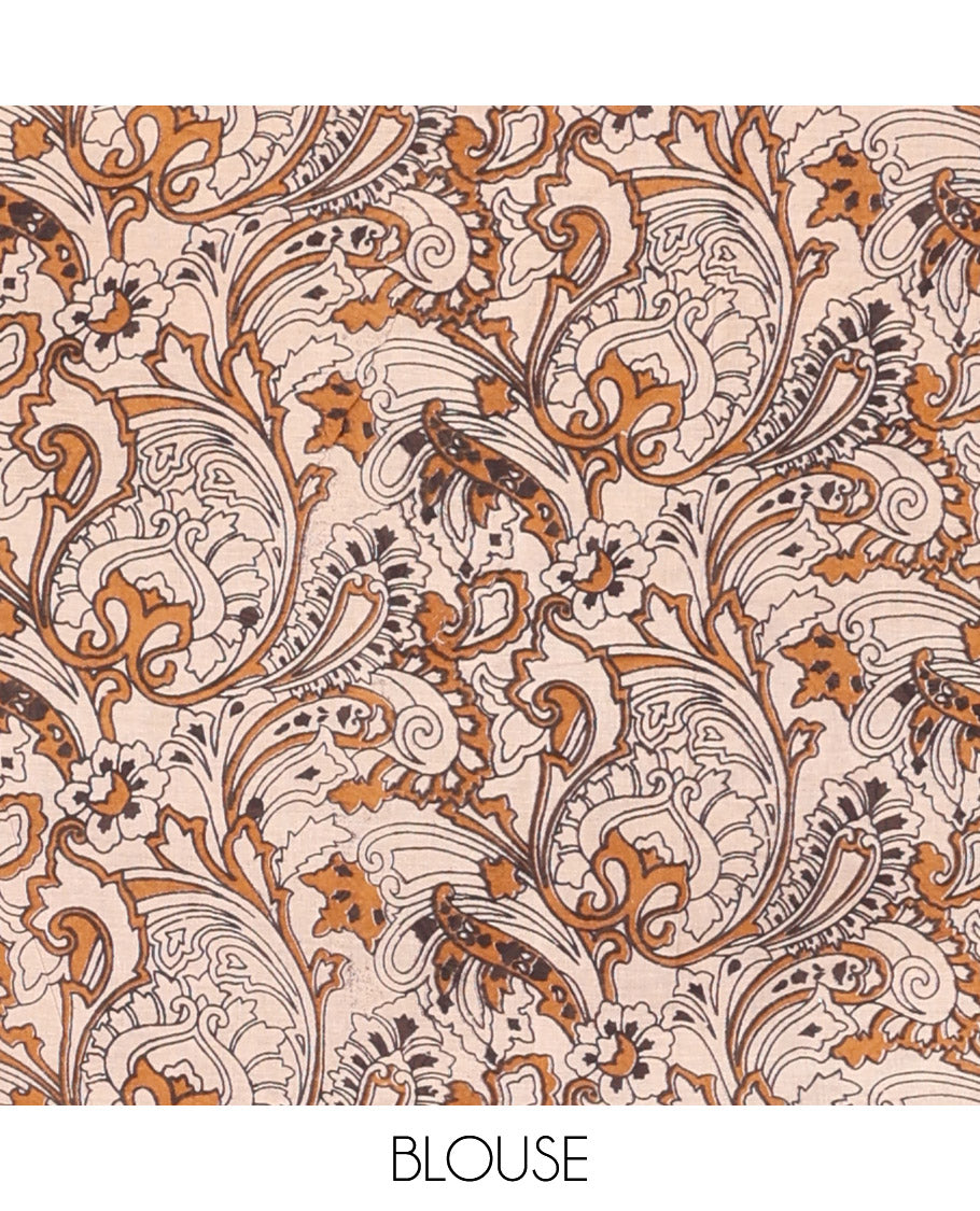 Borderless Brown Kalamkari Cotton Saree, Ornamented with Intricately Floral Print, Self-Pallu of Peacock Motifs, and a Matching Blouse