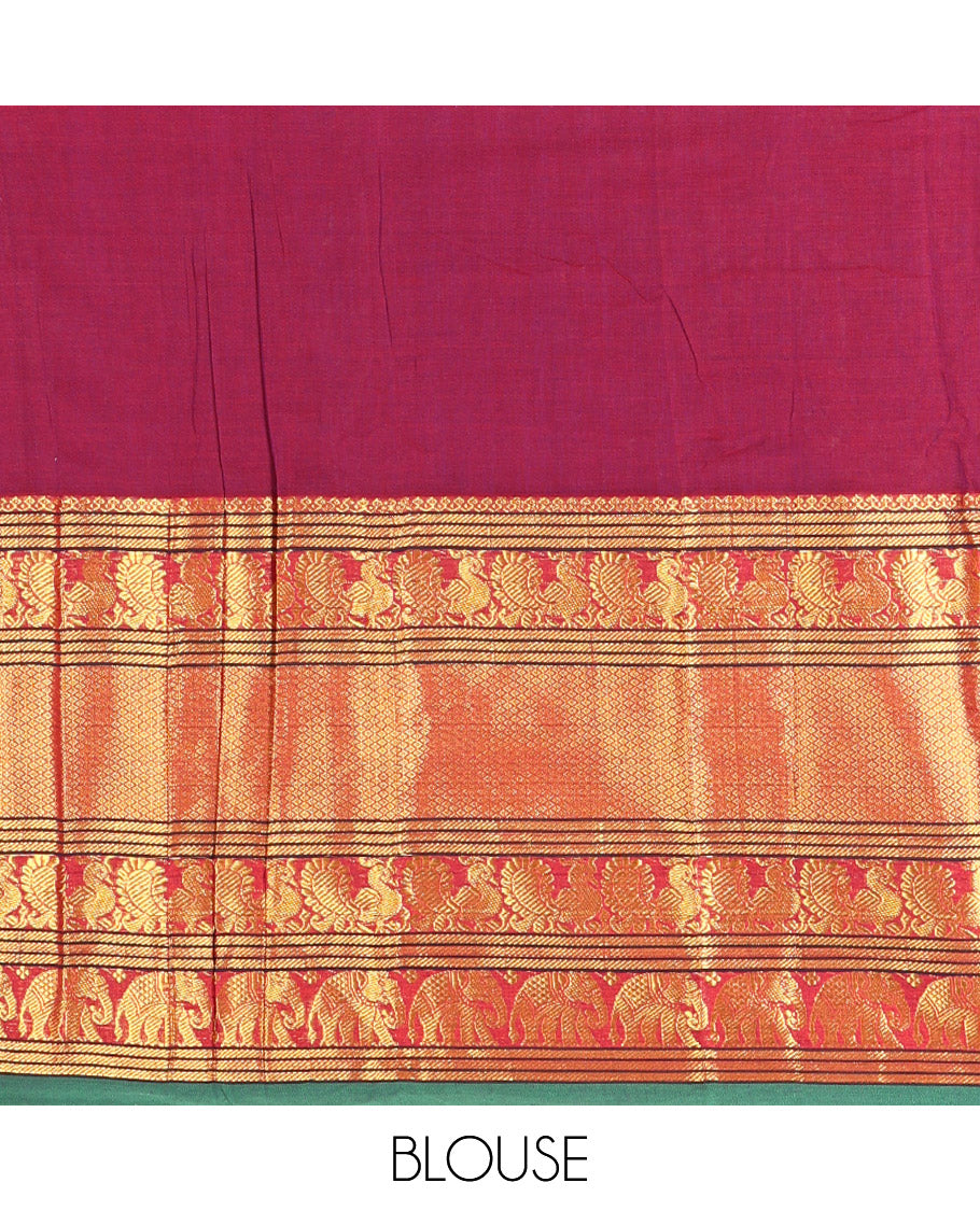 Purple Plain Mercerised Cotton Saree, Complemented by a Contrast Traditional Border of Peacock, Elephant, and Peacock Eye Designs, Striped Pallu, and Paired with a Matching Blouse