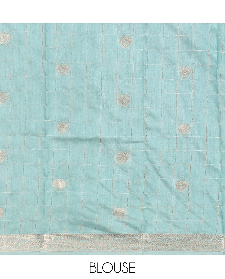 Red Assam Silk Saree, Bedecked with Zari Butta Enclosed Checks, Complemented by a Contrast Zari Buttas Woven Border, Zari-Striped Pallu, and a Contrast Blouse