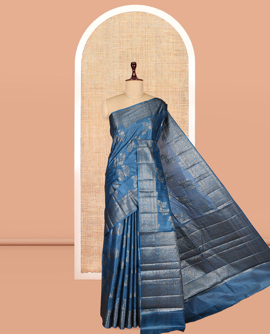 Blue Tusser Silk Saree, Subtly Sparkled with Zari Buttas, a Floral Creeper Zari Border, Grand Pallu, and a Matching Blouse