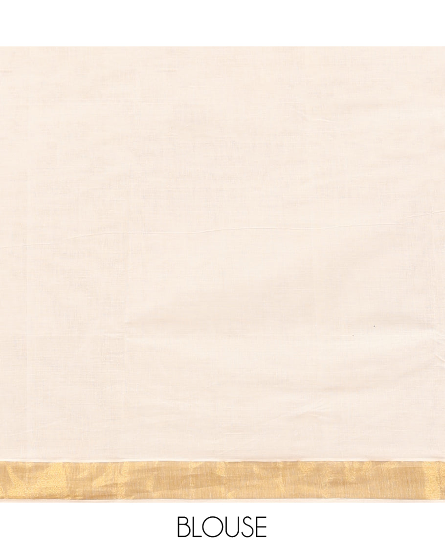 Cream Kerala Cotton Saree, Detailed with Zari Stripes All Over Its Body, a Subtle Bavanji Border, Pallu Features Peacock Designs, and Paired with a Matching Blouse