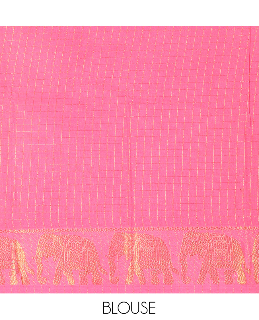 Pink Checked Sungudi Cotton Saree, an Elephant Zari Border, and a Matching Blouse