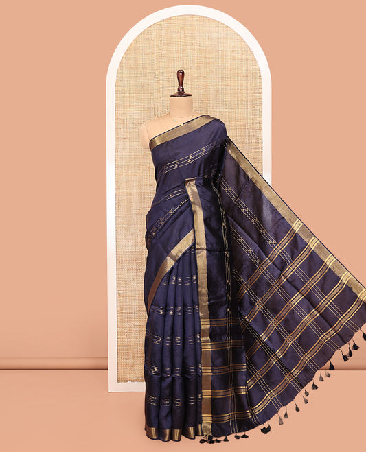 Blue Banana Pith Saree, Uniquely Detailed with Buttas and Stripes All Over Its Body, Highlighted by a Zari Temple Border, Gleaming Zari-Striped Pallu, and Paired with a Matching Blouse