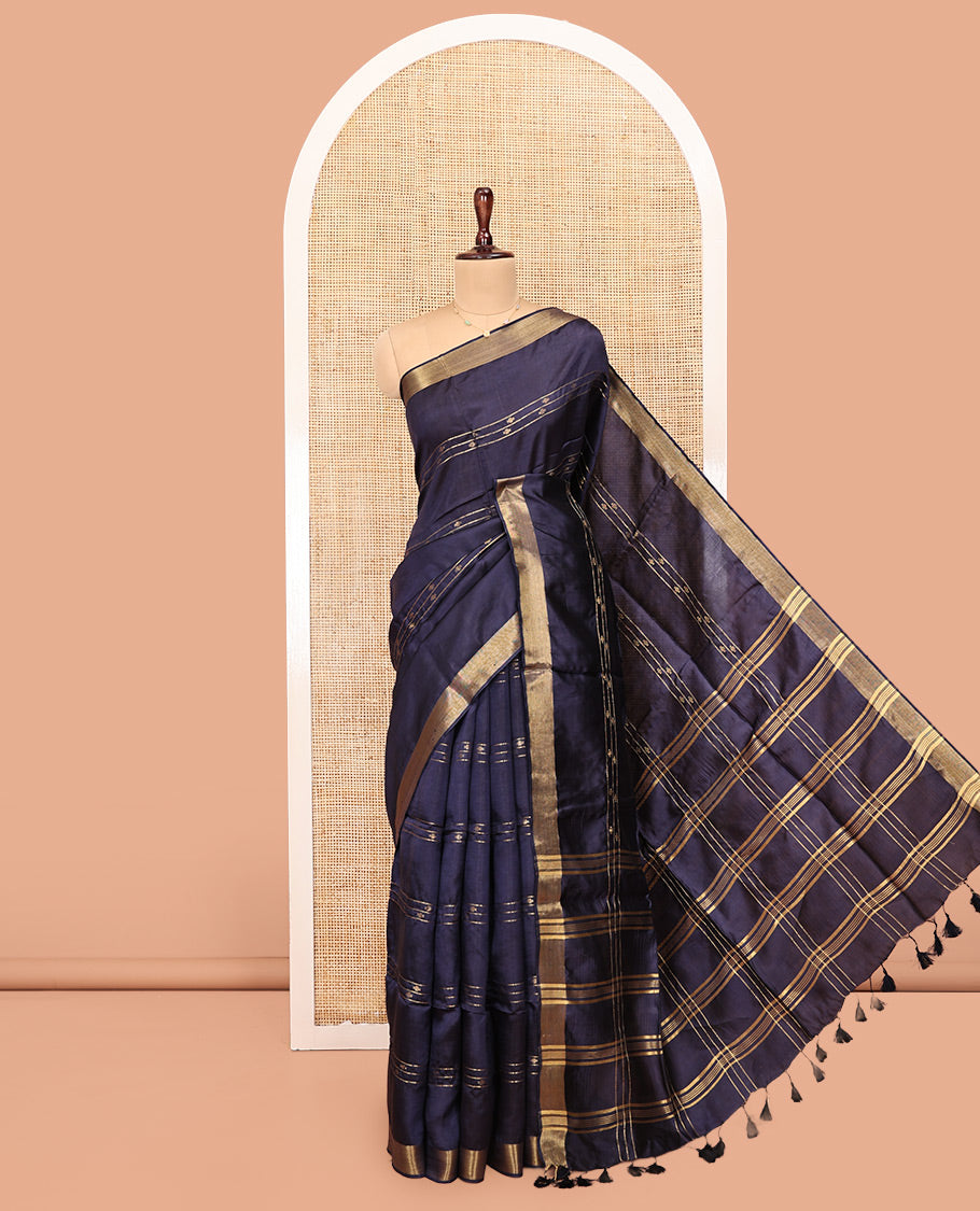 Blue Banana Pith Saree, Uniquely Detailed with Buttas and Stripes All Over Its Body, Highlighted by a Zari Temple Border, Gleaming Zari-Striped Pallu, and Paired with a Matching Blouse