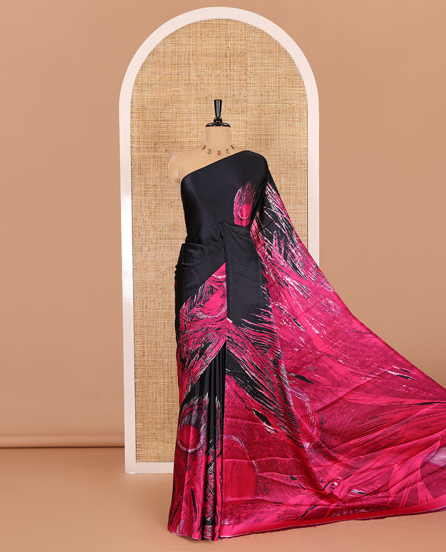 Borderless black and rani peacock feathers style abstract printed Gajji silk saree, peacock feathers printed pallu, and a contrast printed blouse