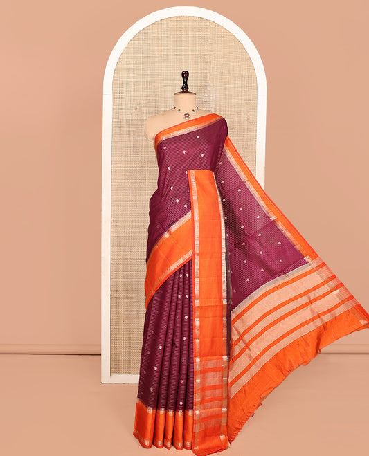 Maroon Semi-Banarasi Dupion Saree, Detailed with Zari Stripes and Buttas, a Contrast Traditional Zari Design Border, Striped Pallu, and a Contrast Blouse