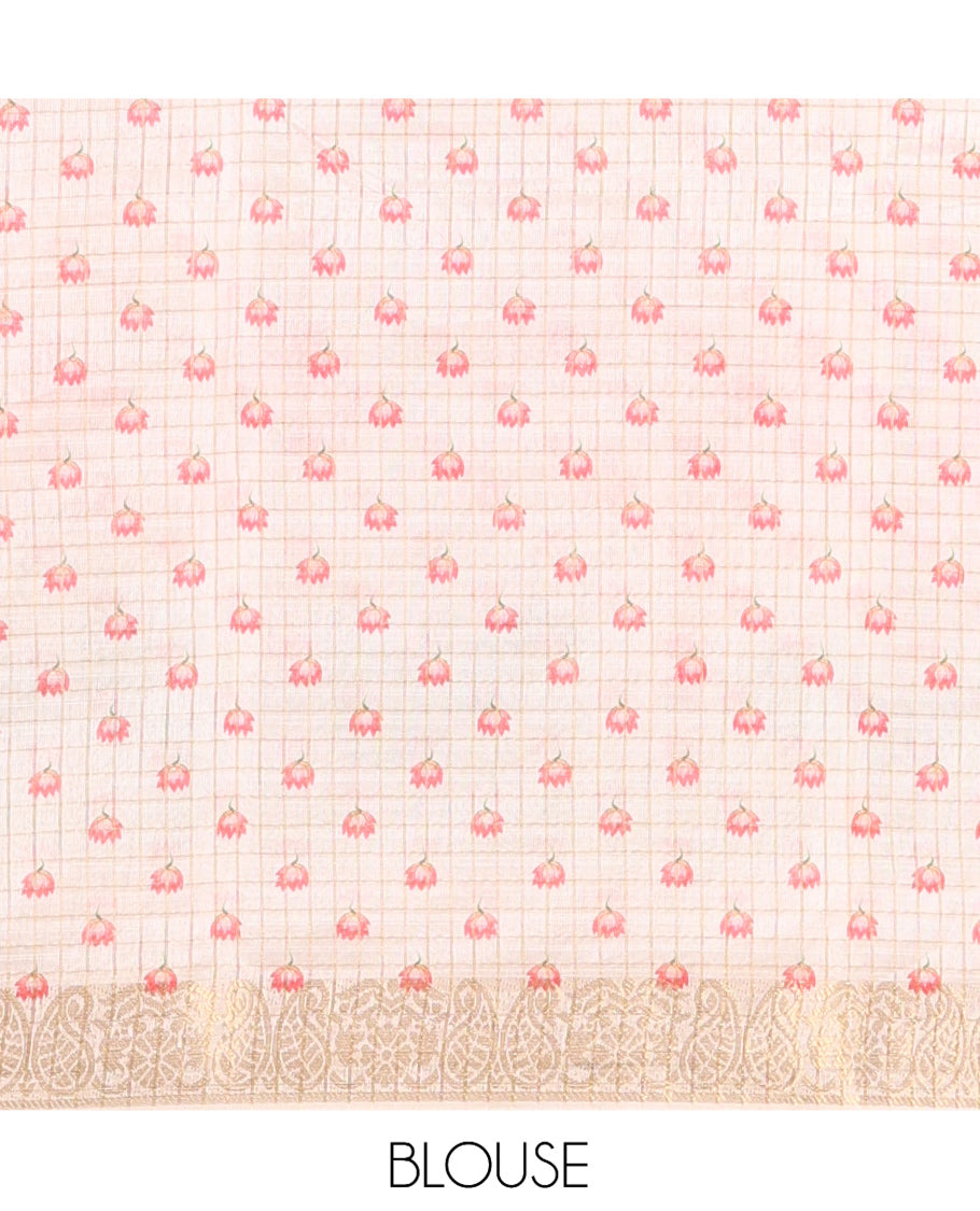 Cream Checked Semi-Tussar Saree Features Pichwai Lotus, a Zari Border, and a Matching Blouse