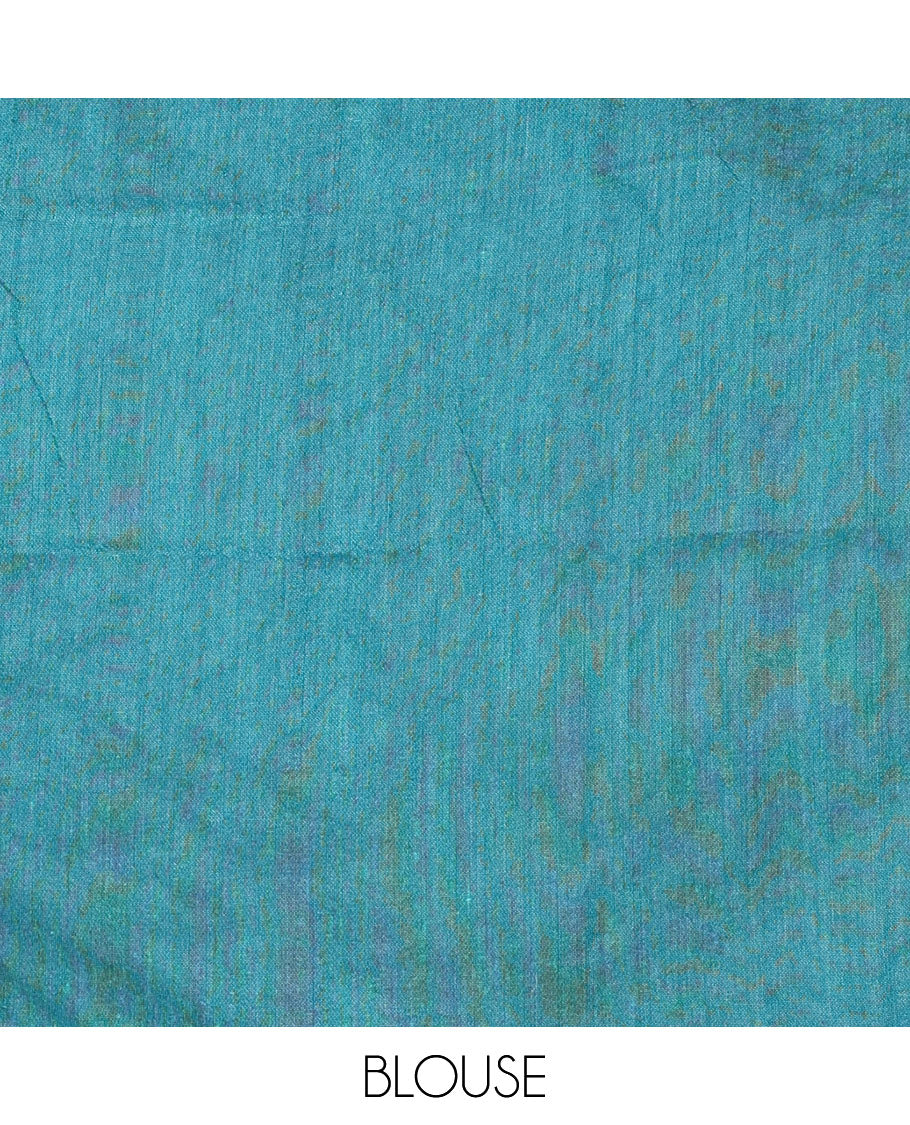 Borderless Rama Color Plain Khadi Mul Cotton Saree Features a Self-Pallu with Tassels, and a Matching Blouse