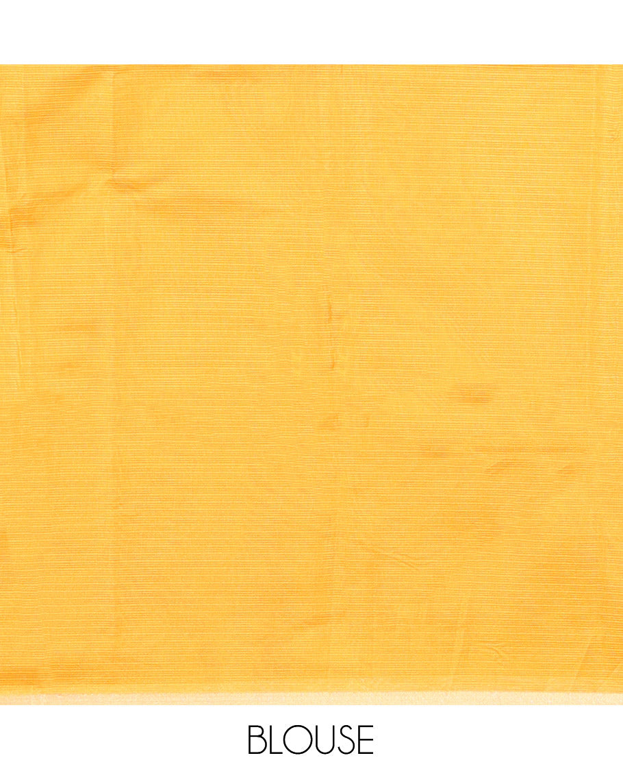 Mustard Kota Doria Saree Features Flora-Flamingo Hand-Brush Print, a Piping Border, Matching Blouse