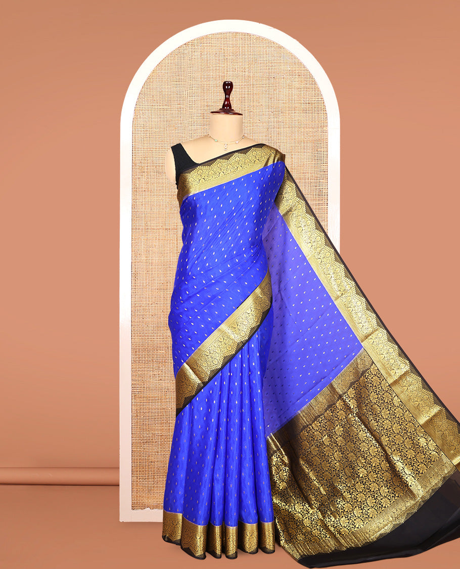 Royal Blue Mysore Silk Saree, Steeped with Zari Buttas, Complemented by a Contrast Traditional Zari Border, Pallu of Floral Jaal Design, and a Contrast Blouse