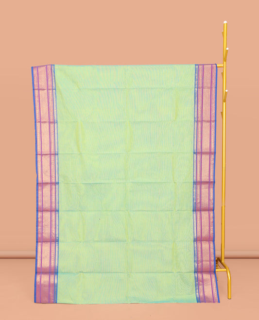 Green Plain Chettinad Cotton Saree, Complemented by a Contrast Traditional Zari Design Border, Striped Pallu, and Paired with a Matching Blouse