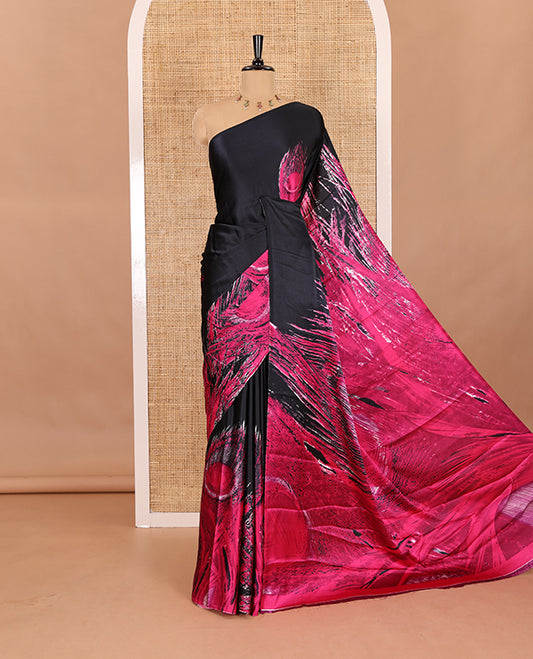 Borderless black and rani peacock feathers style abstract printed Gajji silk saree, peacock feathers printed pallu, and a contrast printed blouse