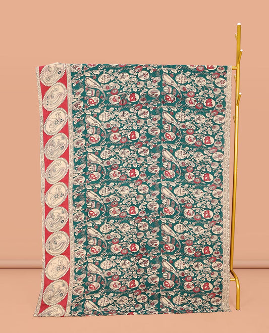 Green Machine-Printed Kalamkari Cotton Saree, Embellished with Flora, Fauna, and Musical Instrument on Its Body, Complemented by a Contrast Round Motifs Printed Border, Pallu of Kalamakri Peacock Print, and Paired with a Printed Blouse