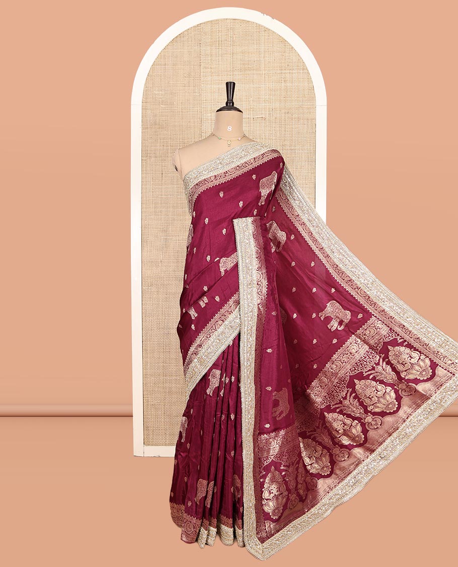 Wine Elephant Buttas Russian Dola Silksaree,Embroidery Patch Border,Matching Blouse