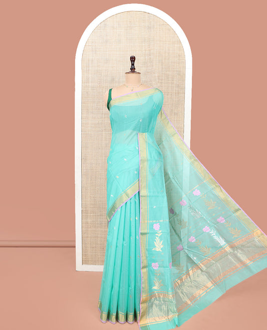 Turquoise Chanderi Cotton Saree, Enthralled with Zari Buttas All Over Its Body, Highlighted by a Zari Border, Pallu  of Zari Stripes and Floral Buttas, and Paired with a Matching Blouse