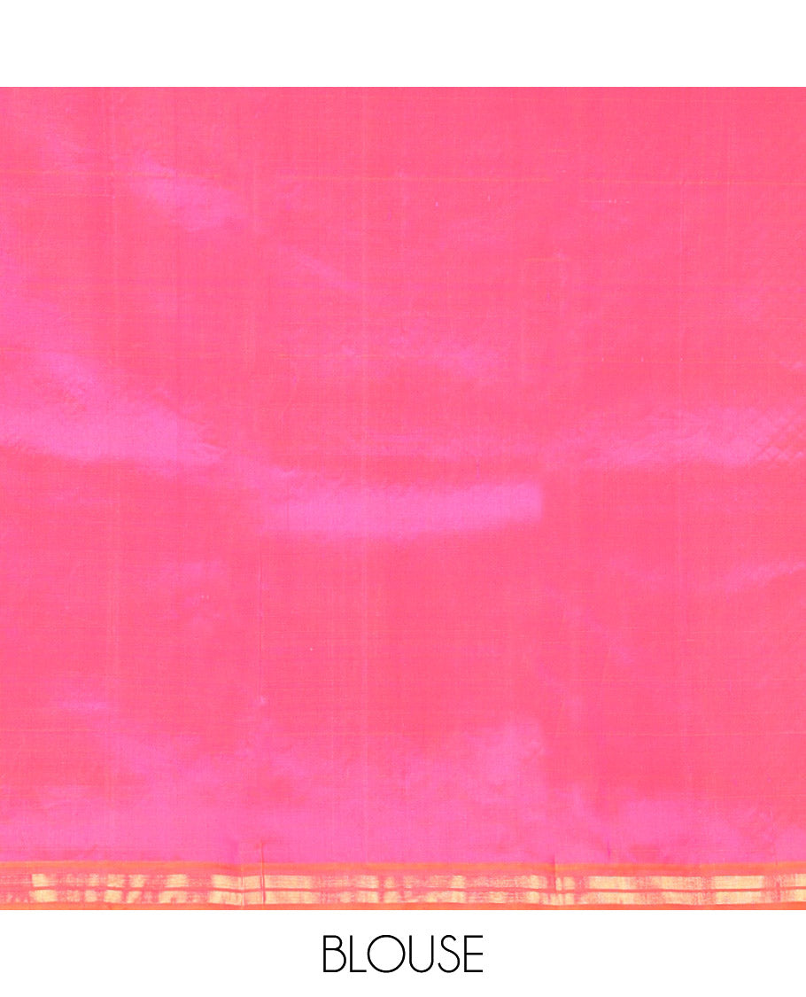 Pink Kanchipuram Silk Saree, Decked Up with Zari Buttas All Over Its Body, Complemented by Contrast Zari Piping Border, Pallu of Big Paisleys, and Paired with a Matching Blouse
