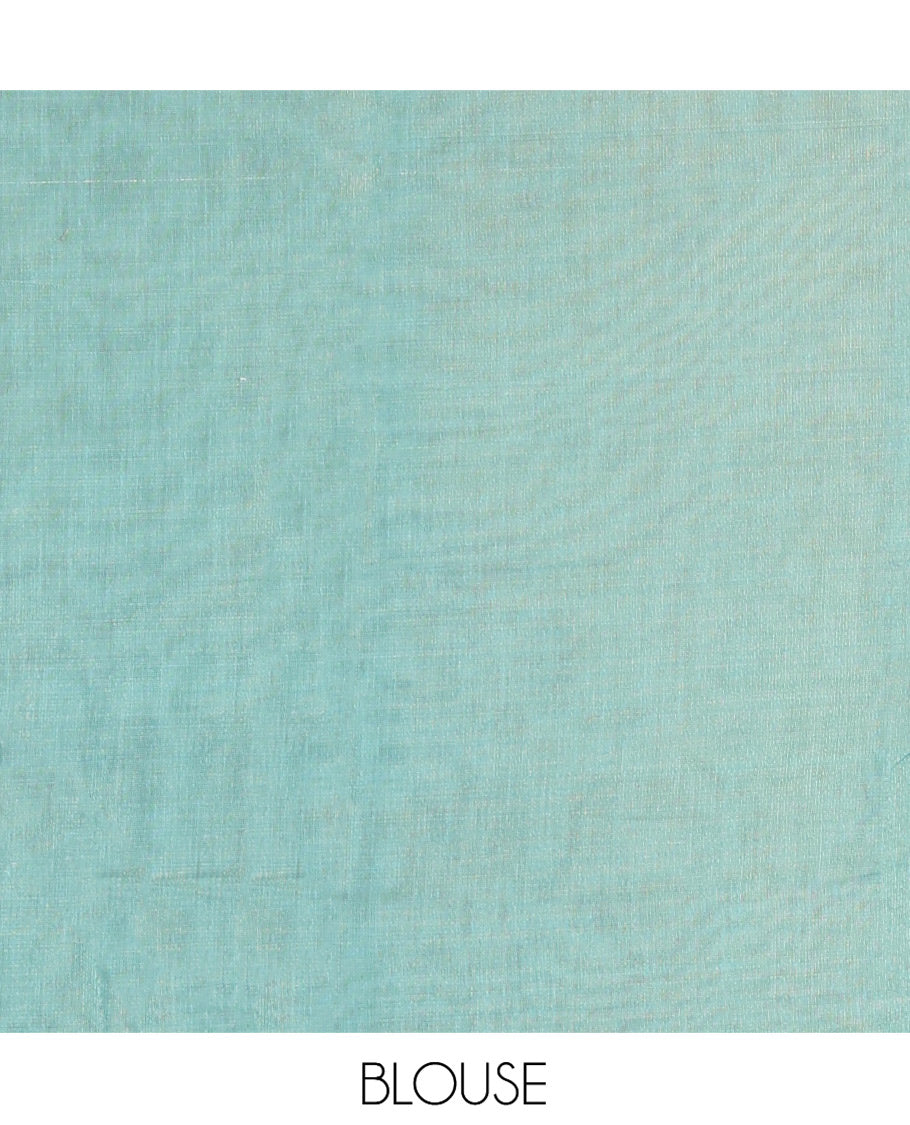 Borderless Cream-Sea Green Tissue Saree Features Floral Print, a Floral Printed Pallu, and a Contrast Blouse
