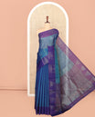 Blue Silk Cotton Saree, Enriched with Stripes and Checks, Complemented by a Contrast Temple Border, Intricately Designed Pallu, and a Contrast Blouse