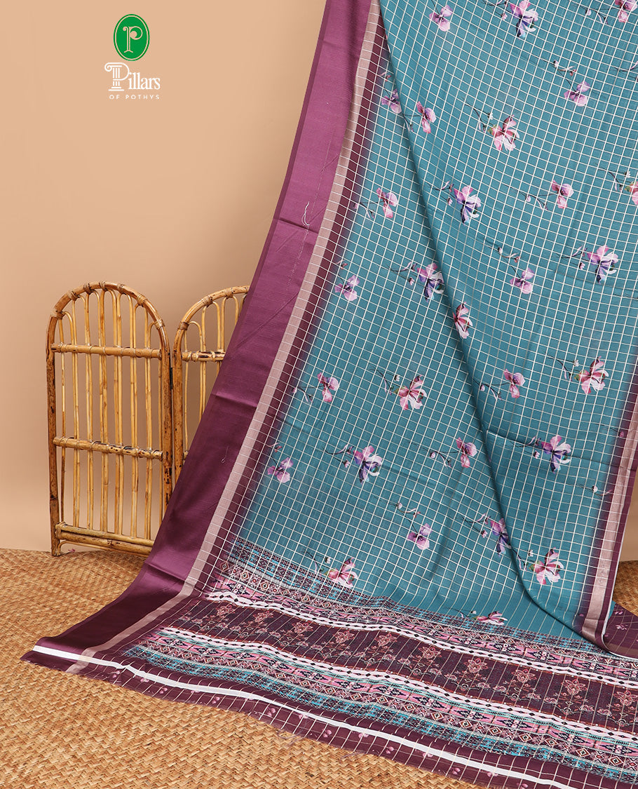 Rama green  checks zari, floral digital print dola silk saree with satin border & checks, floral design blouse