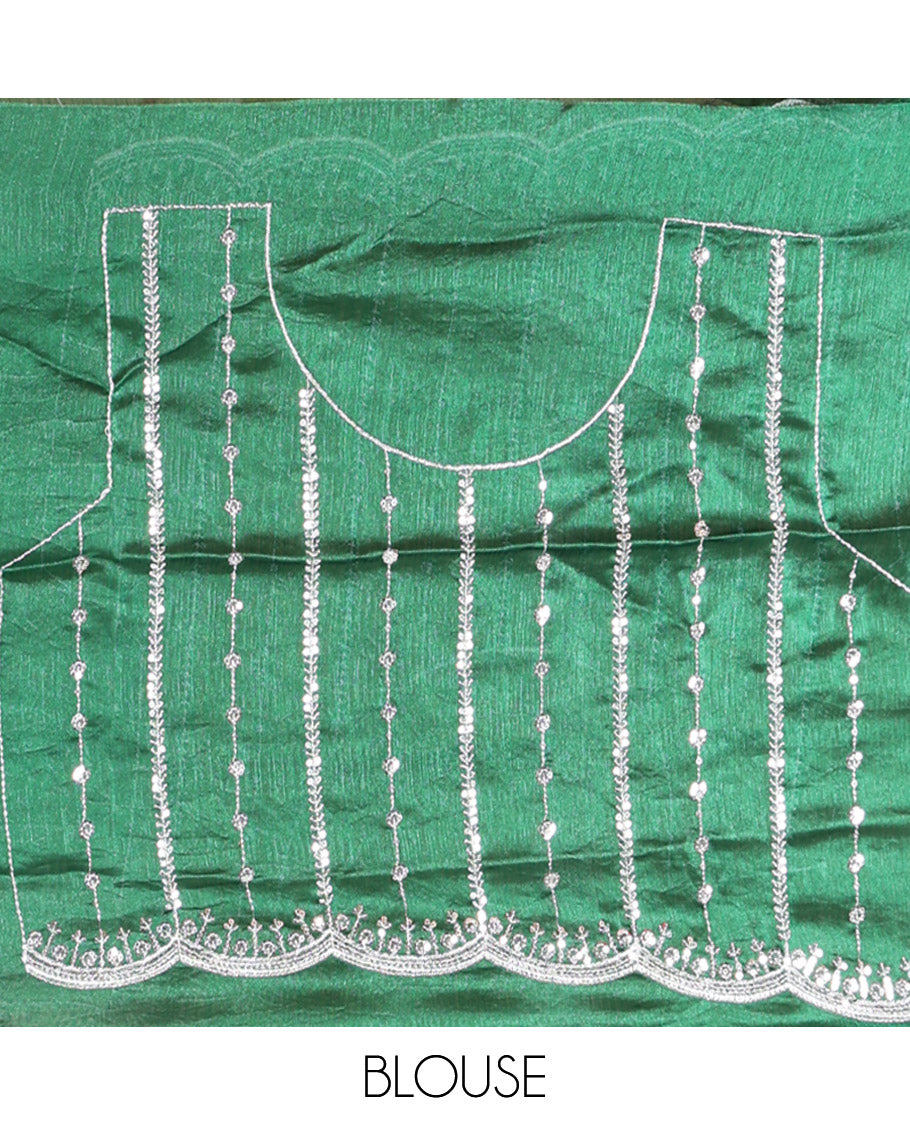 Green Fendy Chiffon Saree Highlighted with Sequins and Thread Stripes Embroidery, Scallop Embroidered Border, Elegantly Embroidered Pallu, and Paired with a Matching Blouse