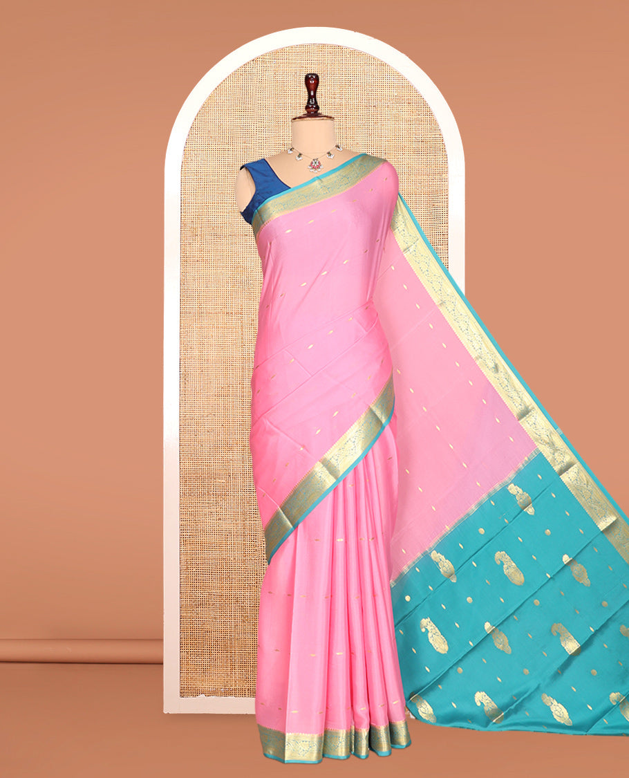 Pink Zari Buttas Mysore Silk Saree, Complemented by a Contrast Traditional Zari Border, Zari Design Pallu, and a Contrast Blouse
