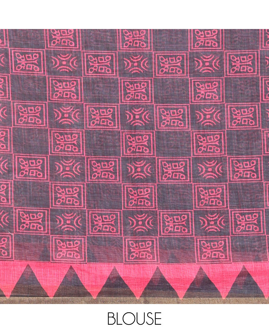 Pink vertical stripes printed linen cotton saree, a temple-printed border, big polka dot printed pallu, and a printed blouse