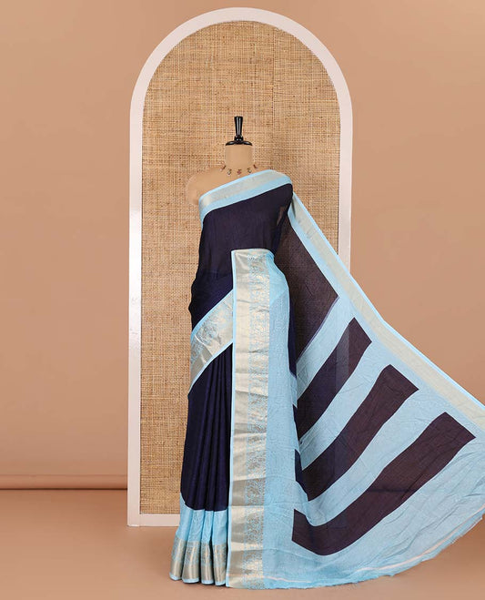 Navy blue embossed moss chiffon saree, contrast embossed with traditional zari border, jaal pallu, and a contrast blouse