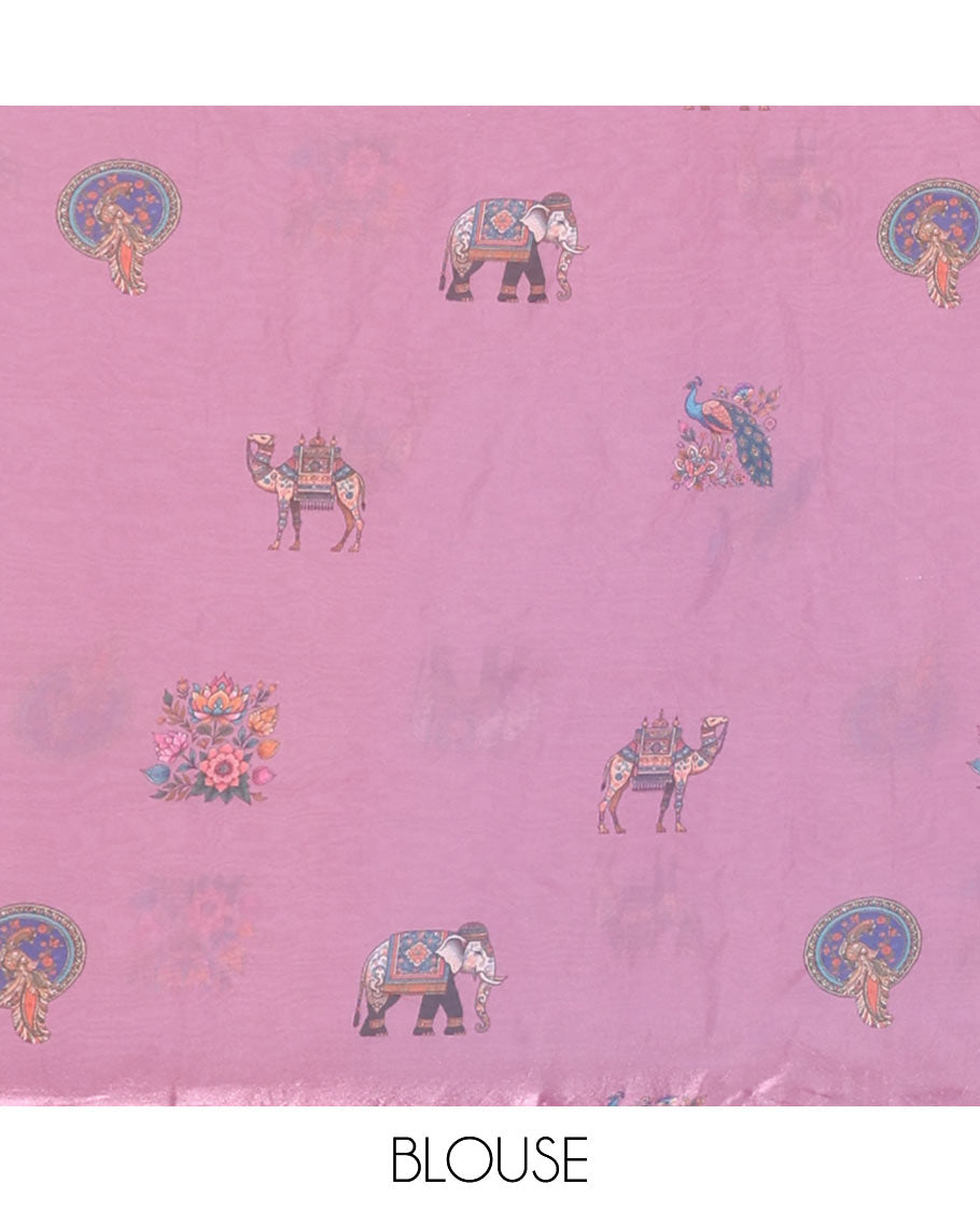 Onion Pink Plain Fendy Chiffon Saree Featuring a Contrast Flora-Fauna Motifs Digital-Printed Border, with the Pallu Mirroring the Same Flora-Fauna Motifs Print, Paired with a Contrast Blouse in Matching Flora-Fauna Motifs Print