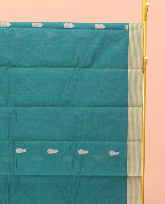 Green Kanchi Cotton Saree, Accentuated with Buttas All Over Its Body, Complemented by Contrast Border, Paisley Design Pallu, and Paired with a Matching Blouse