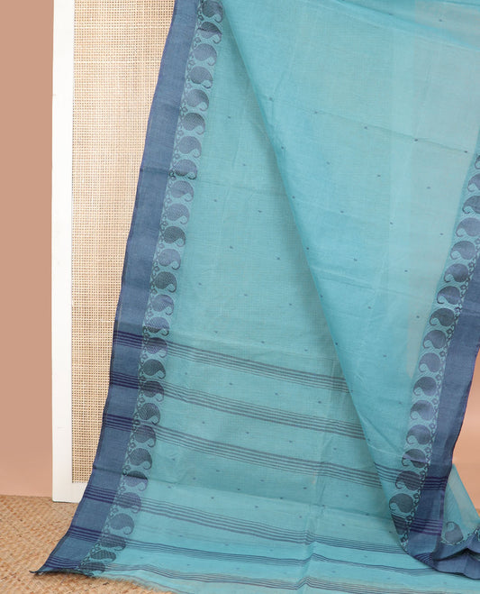 Blue floral motifs bengal cotton saree with contrast paisley design border & striped, floral motifs pallu