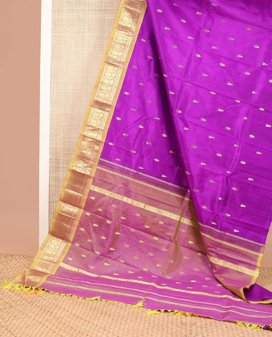 Violet floral design kancheepuram silk saree with contrast border of rekku, banaras , floral design & zari design pallu