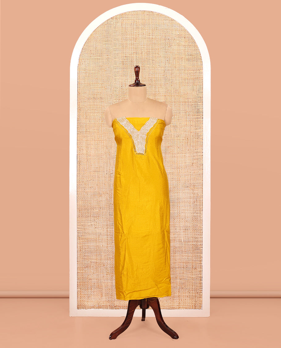 Yellow Vichitra Silk Material Chudidar Features a V-Neck Thread-Sequined Top, a Plain Bottom, Matching Thread-Sequined Dupatta