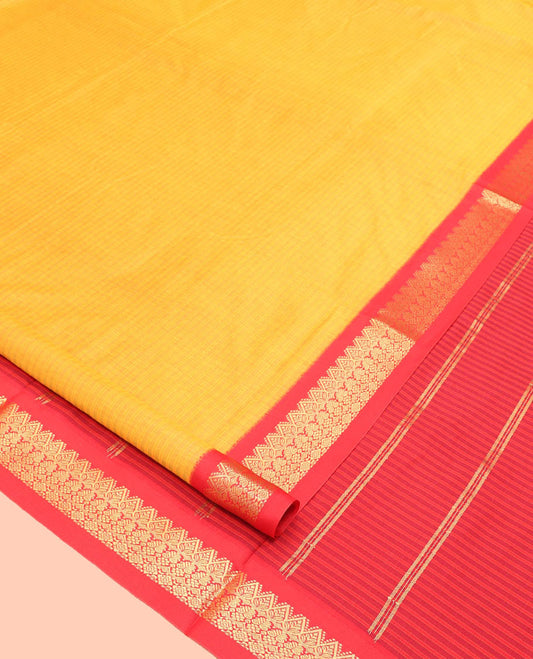 Yellow Striped Nine Yard Cotton Saree, Complemented by Contrast Traditional Zari Border, Pallu of Stripes, and Comes Without a Blouse