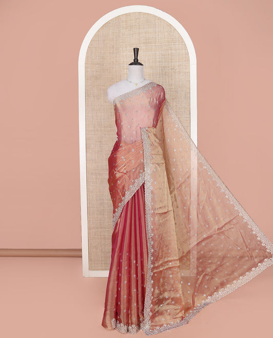 Pink Designer Saree, Dazzled with Stone Embroidered Buttas on Its Body, Highlighted by a Scallop Stone Work Border, Pallu of Stone Embroidered Buttas, and Paired with a Matching Blouse