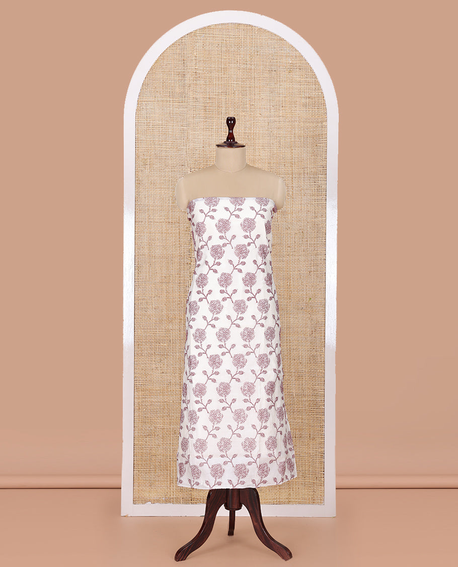 Cream Mul Chanderi Material Churidar Features Floral Vine Embroidery Top, a Plain Bottom, and a Embroidered Dupatta