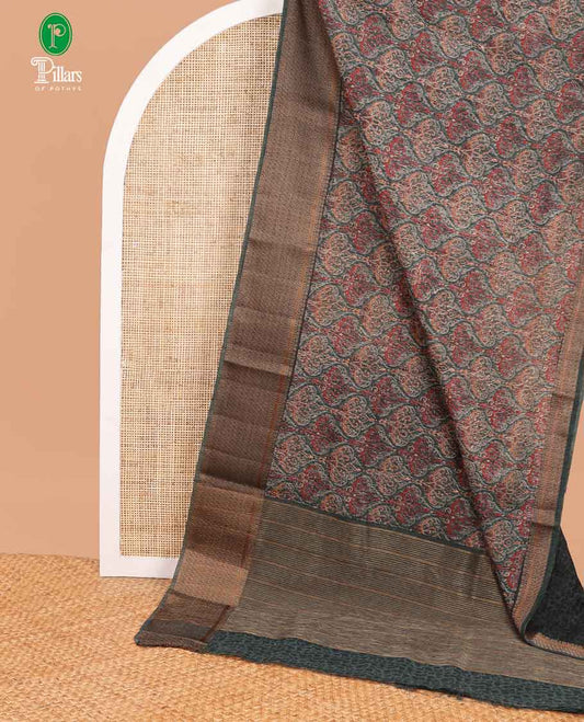 Olive green screen print linen saree with bavanchi border & chit pallu along with brocade blouse