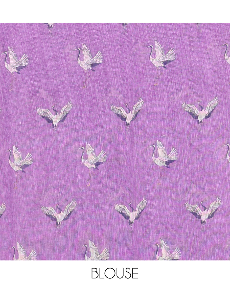 Borderless Violet Linen Cotton Saree, Adorned with Crane Motifs Print, and a Matching Blouse
