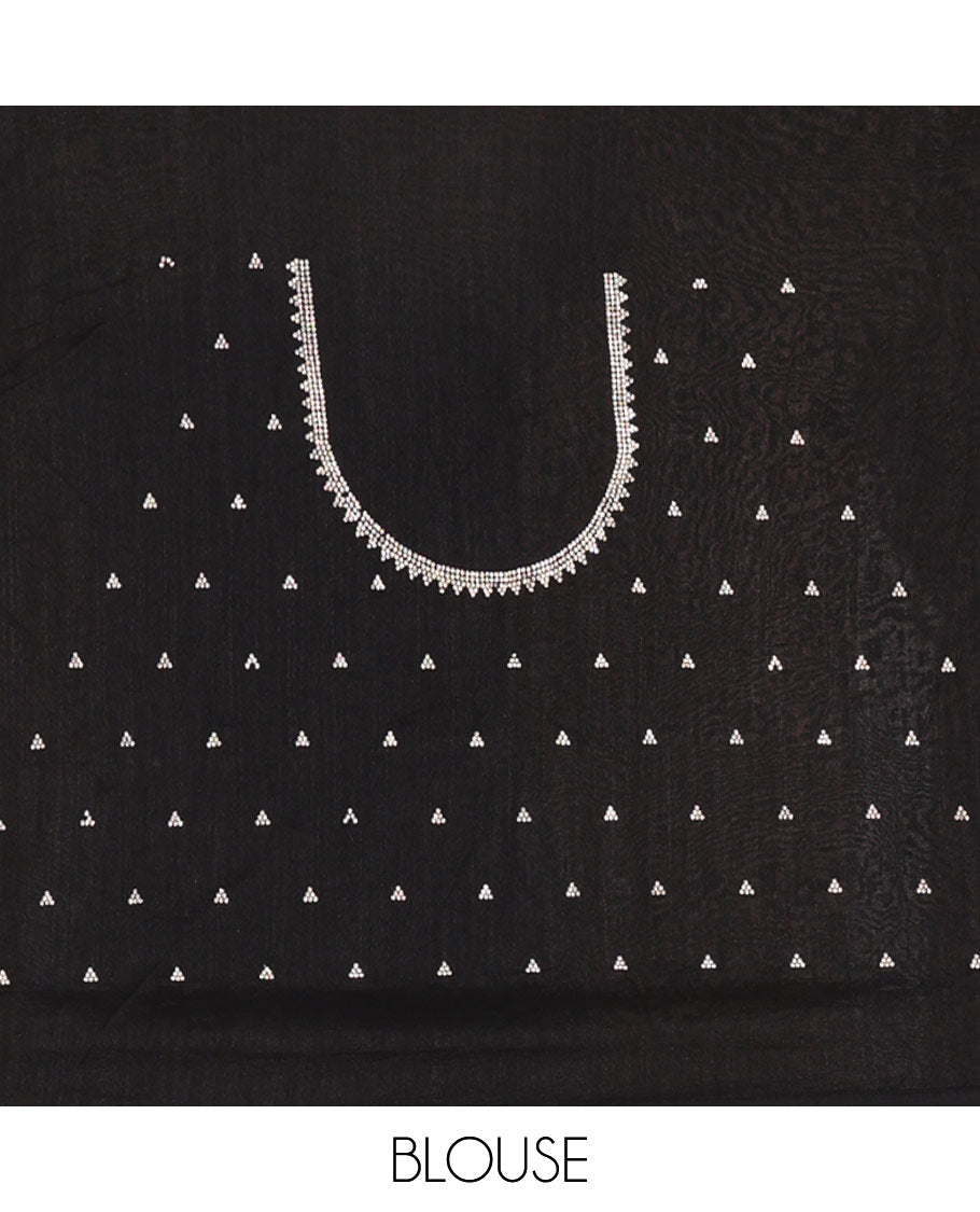 Black Vitchitra Silk Saree Prettified with Sequin-Style Foil Prints All Over Its Body, Jarkan Stone Work Border, and Paired with a Matching Jarkan Stone Work Blouse