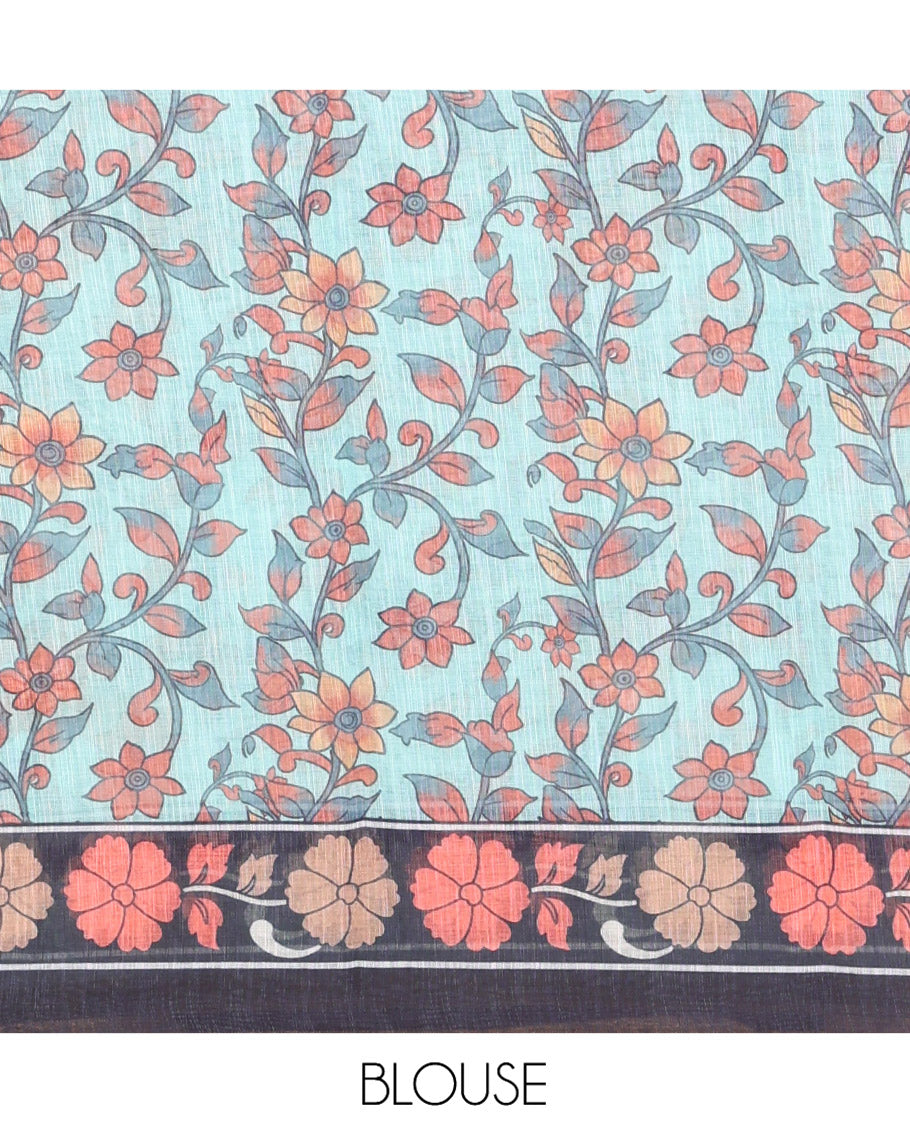 Sea Green Linen Cotton Saree, Adorned with Shibori Print, a Zari Piping Border, Floral-Peacock Motif Printed Pallu, and Matching Blouse
